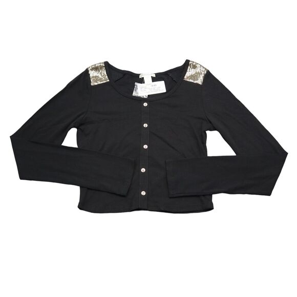 Bozzolo Shirt Womens M Black Long Sleeve Round Neck Button Sequin Casual Tee - Picture 1 of 16